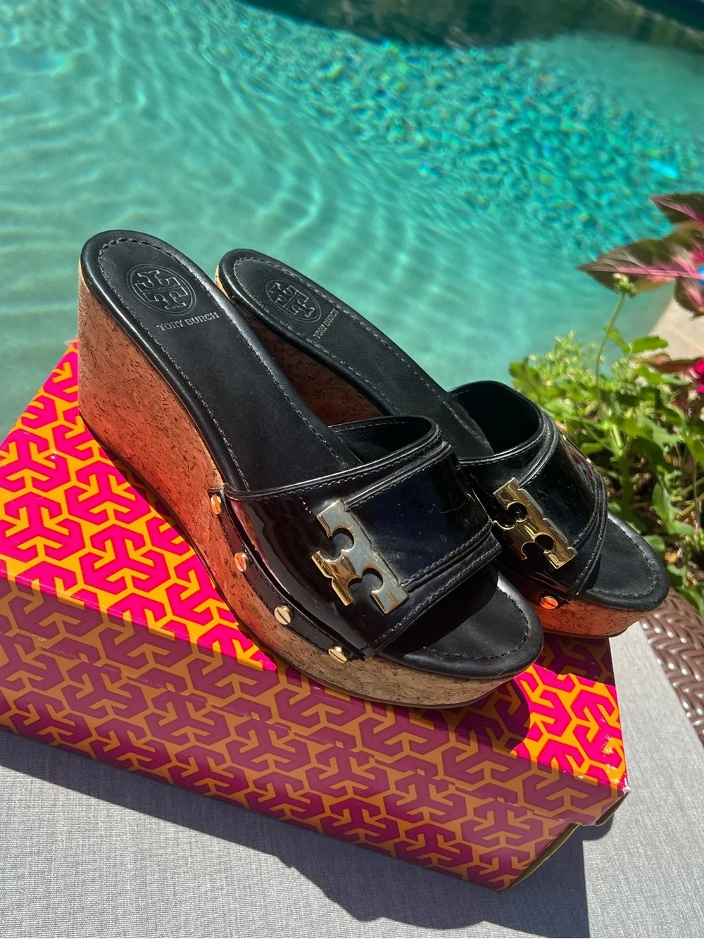 Tory Burch Pamela Patent Wedge Sandal Size 9